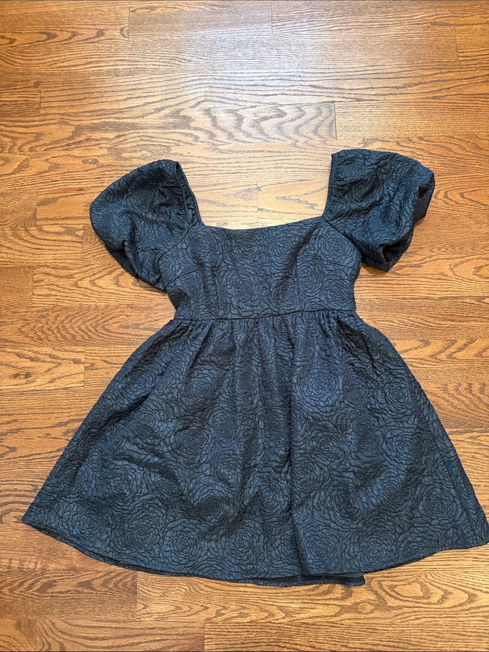 Aqua Black Puff-Sleeve Floral Jacquard Dress